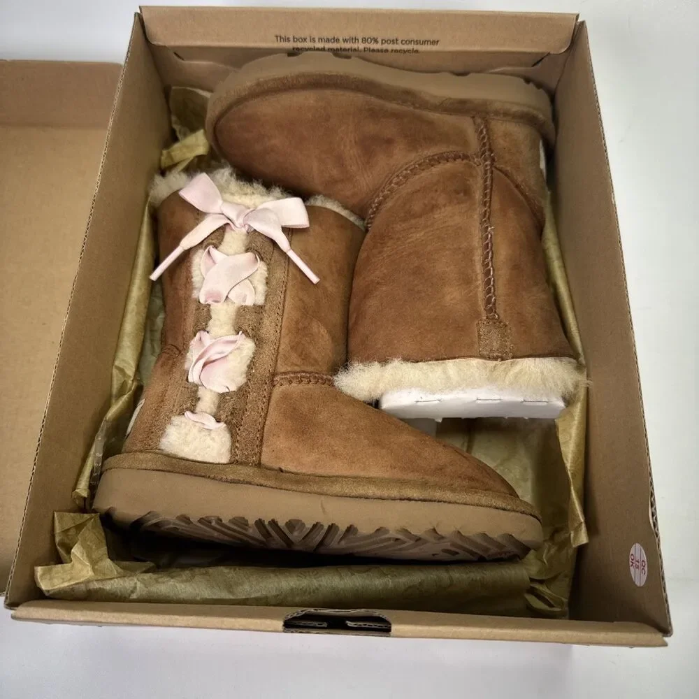 Ugg Boots Girls 9 Pala Toddler Chestnut Brown Lace-up Bow Pull On 1017737T w Box